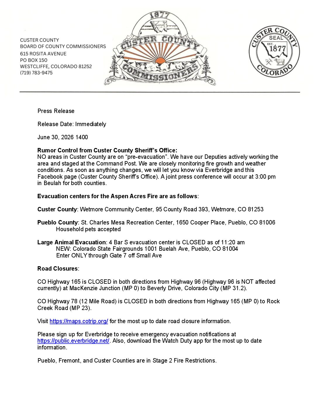 Aspen Acres Fire Evacuation Centers Press Release